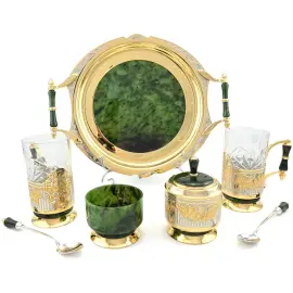 Чайный сервиз из нефрита и латуни с гравюрой, на 2 персоны