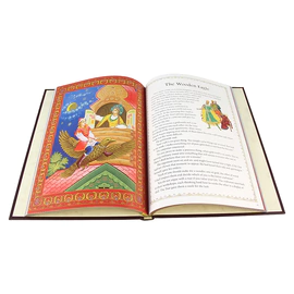 The leather-bound book "Russian folk tales. Palekh, mstera, lackey" in English