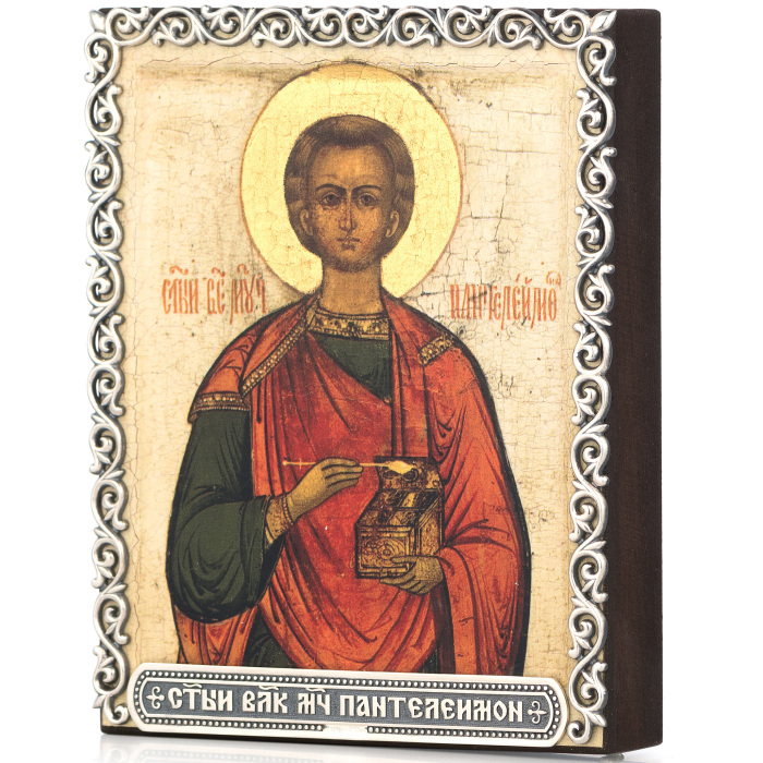 Icon of St. Panteleimon in a silver baguette