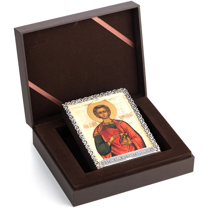 Icon of St. Panteleimon in a silver baguette