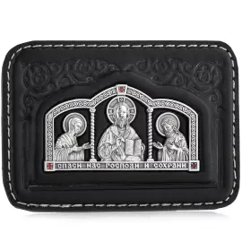 Икона дорожная на коже "Защитник" с серебряной накладкой