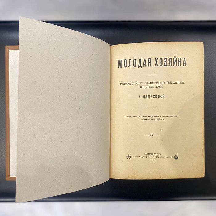 Книга «Молодая хозяйка. Руководство к практической постановке и ведению дома» Нельсина А., Санкт-Петербург, Типография А.С. Суворина «Новое время», 1913 год