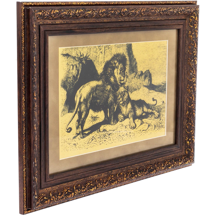 Painting on gold leaf "A pair of lions"