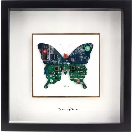 Damir Krivenko's painting "Blue-green Butterfly" in a black frame