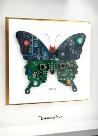 Damir Krivenko's painting "Blue-green Butterfly" in a black frame