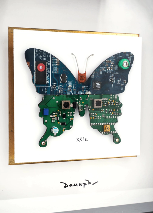 Damir Krivenko's painting "Blue-green Butterfly" in a black frame