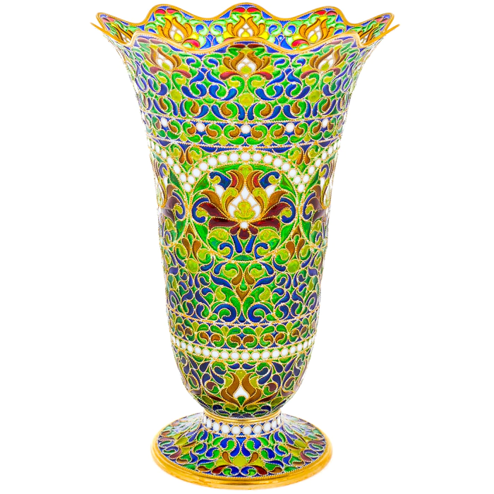 Flower vase with green stained glass enamels