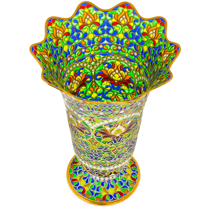 Flower vase with green stained glass enamels