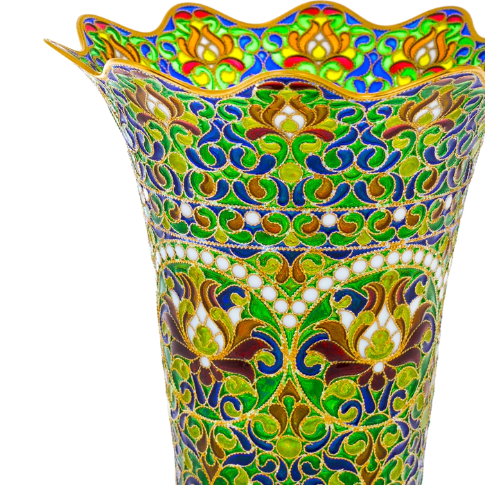 Flower vase with green stained glass enamels