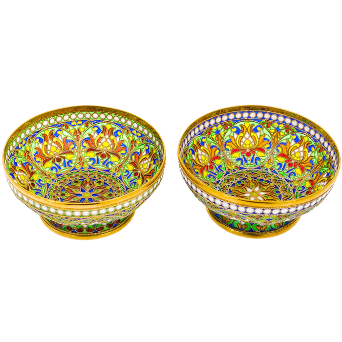 A set of "Floral" hazel nuts with green stained glass enamels