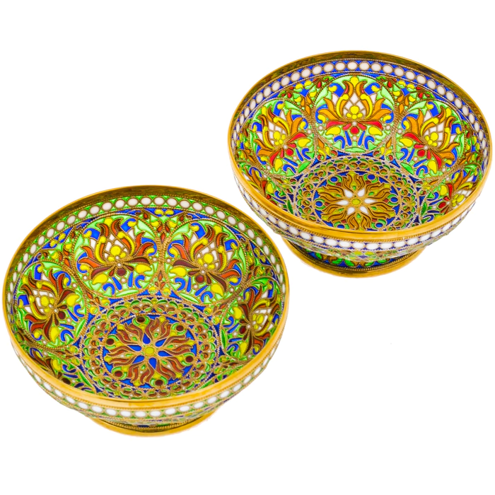 A set of "Floral" hazel nuts with green stained glass enamels
