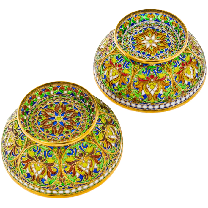 A set of "Floral" hazel nuts with green stained glass enamels