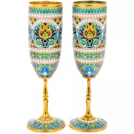 Набор бокалов для шампанского "Букет" с голубыми витражными эмалями, на 2 персоны