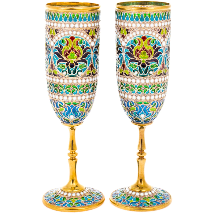 Set of champagne glasses "Bouquet" with blue stained glass enamels, for 2 persons