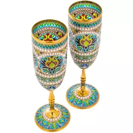 Набор бокалов для шампанского "Букет" с голубыми витражными эмалями, на 2 персоны