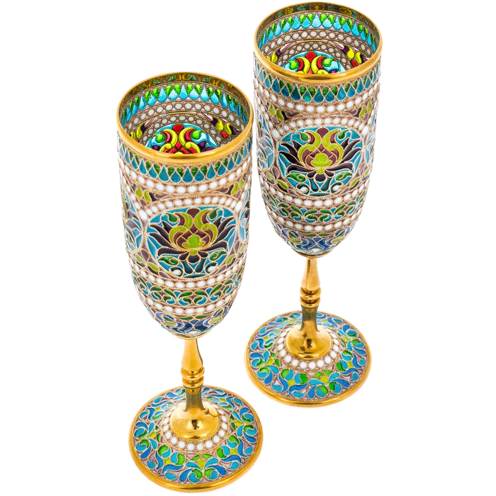 Set of champagne glasses "Bouquet" with blue stained glass enamels, for 2 persons