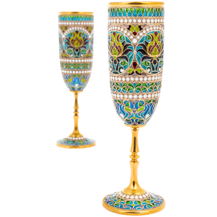 Set of champagne glasses "Bouquet" with blue stained glass enamels, for 2 persons