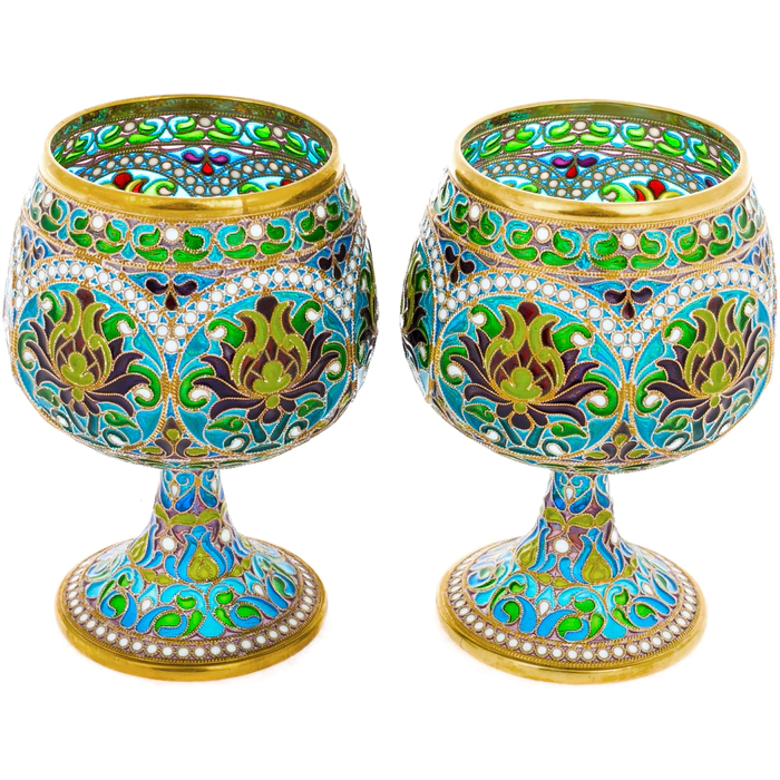Set of whiskey glasses "Bouquet" with blue stained glass enamels, for 2 persons