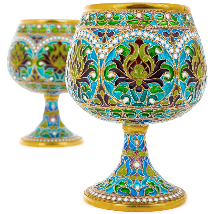 Set of whiskey glasses "Bouquet" with blue stained glass enamels, for 2 persons