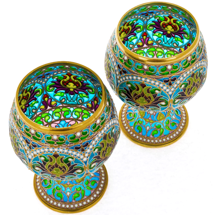 Set of whiskey glasses "Bouquet" with blue stained glass enamels, for 2 persons