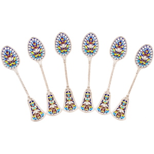 Set of tea spoons "Patterns" with blue stained glass enamels, 6 pcs