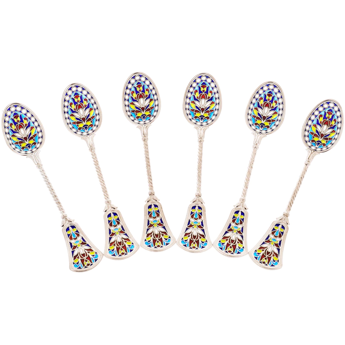 Set of tea spoons "Patterns" with blue stained glass enamels, 6 pcs