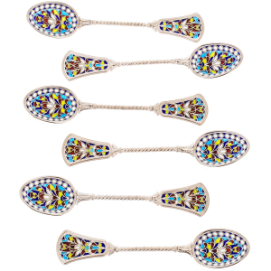 Set of tea spoons "Patterns" with blue stained glass enamels, 6 pcs
