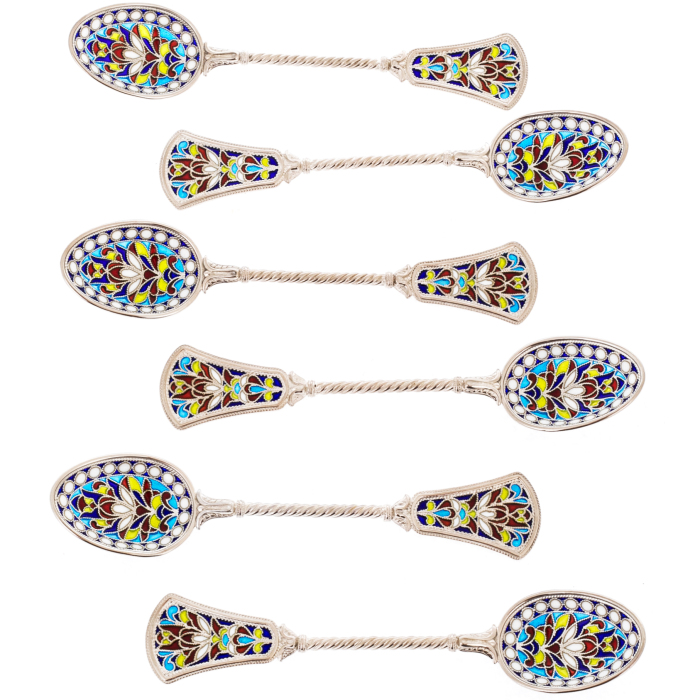 Set of tea spoons "Patterns" with blue stained glass enamels, 6 pcs