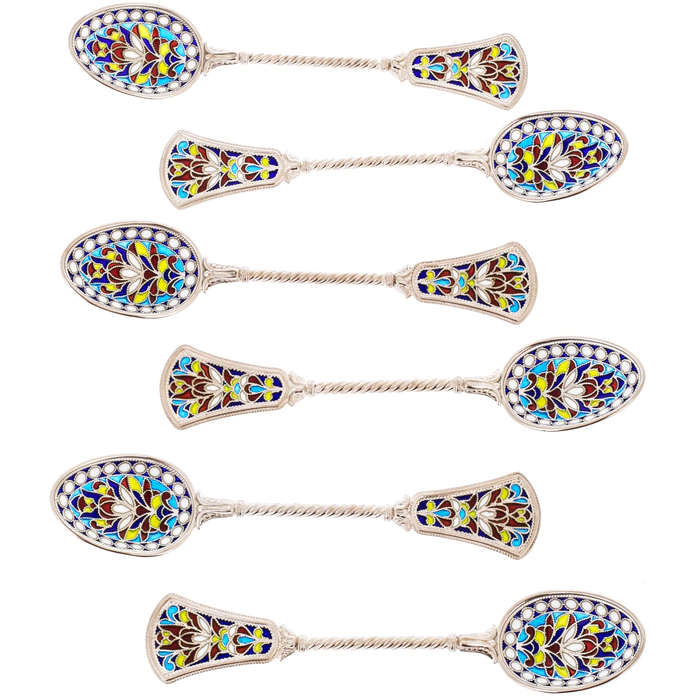 Set of tea spoons "Patterns" with blue stained glass enamels, 6 pcs