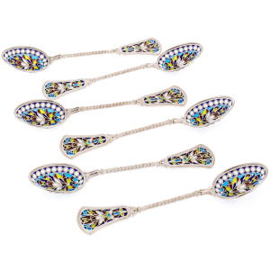 Set of tea spoons "Patterns" with blue stained glass enamels, 6 pcs