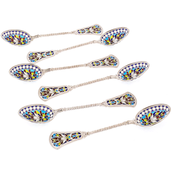 Set of tea spoons "Patterns" with blue stained glass enamels, 6 pcs