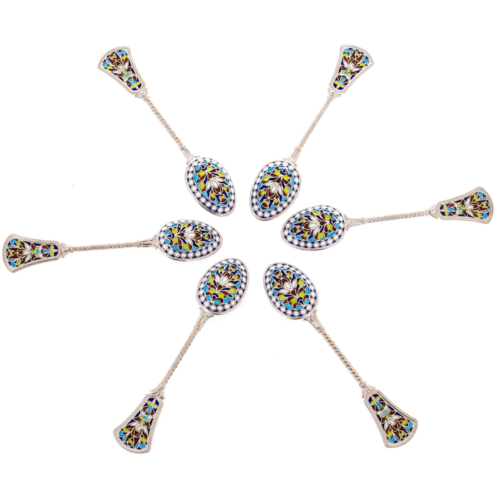 Set of tea spoons "Patterns" with blue stained glass enamels, 6 pcs