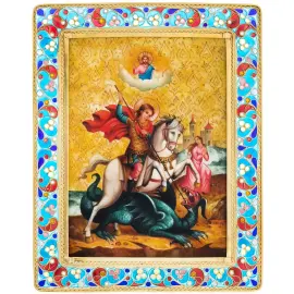 Икона настольная на перламутре "Георгий Победоносец" с витражной эмалью
