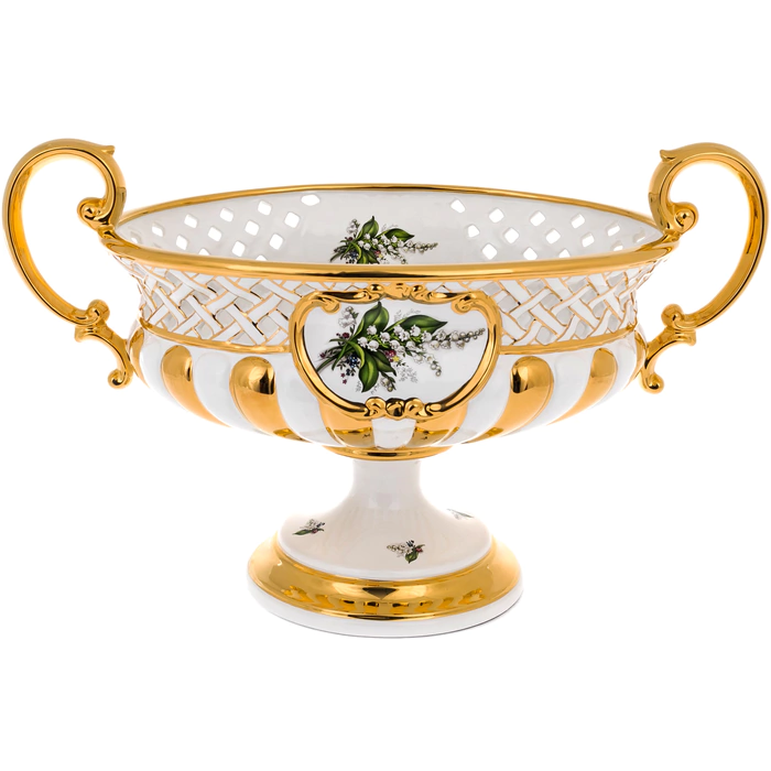 Vase with handles, white with a lily of the valley pattern