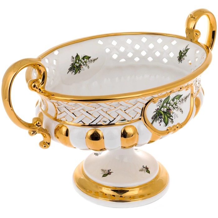 Vase with handles, white with a lily of the valley pattern