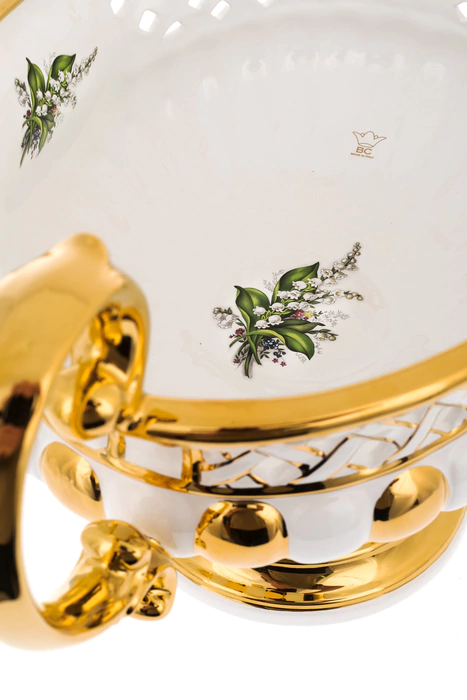 Vase with handles, white with a lily of the valley pattern