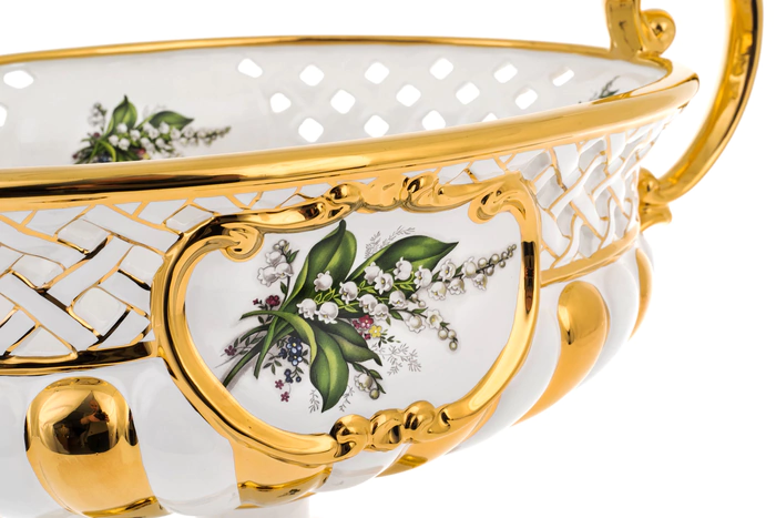 Vase with handles, white with a lily of the valley pattern