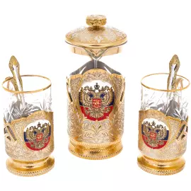 Набор подстаканников с френч-прессом "Герб РФ" на 2 персоны, Златоуст