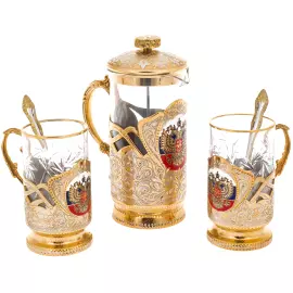 Набор подстаканников с френч-прессом "Герб РФ" на 2 персоны, Златоуст