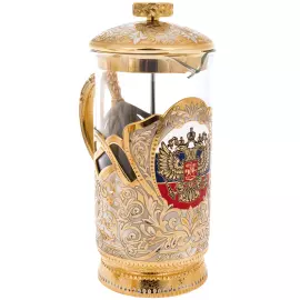 Набор подстаканников с френч-прессом "Герб РФ" на 2 персоны, Златоуст