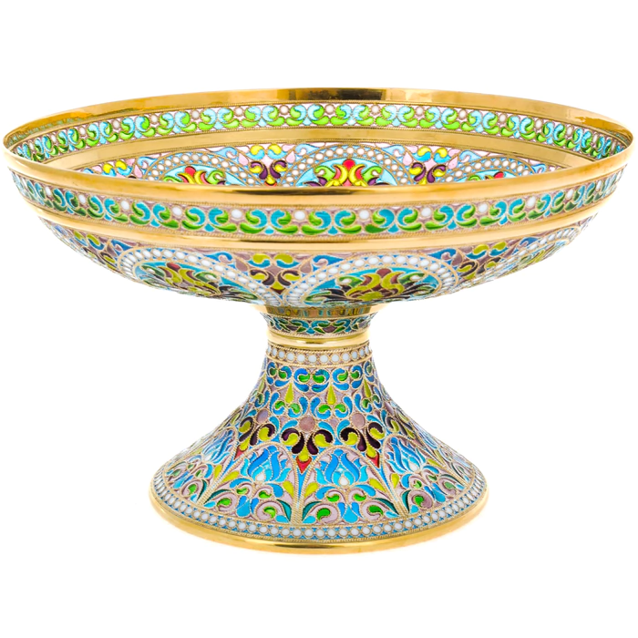 Flower fruit vase with blue stained glass enamels