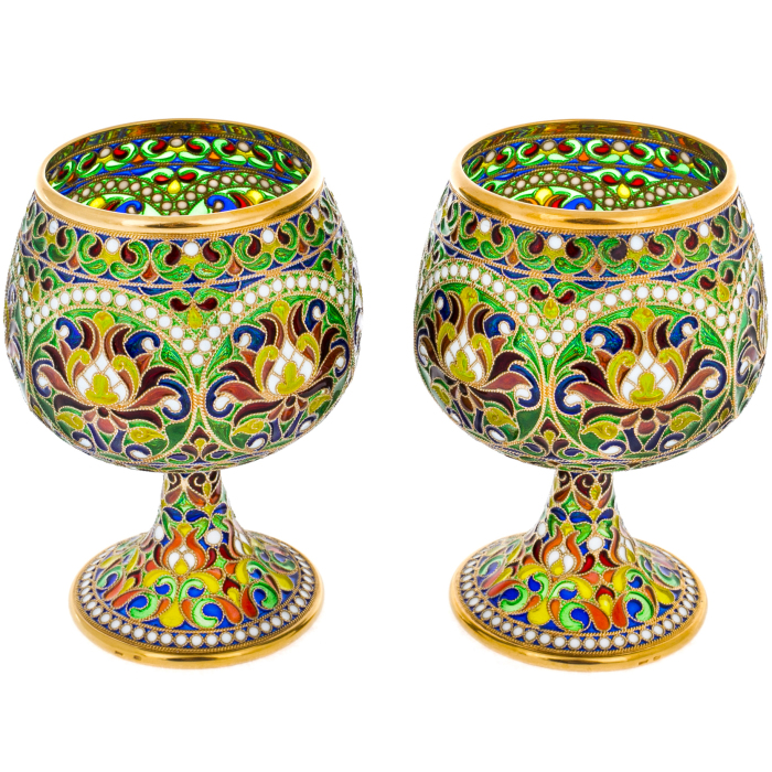 Set of cognac glasses "Bouquet" with green stained glass enamels, for 2 persons
