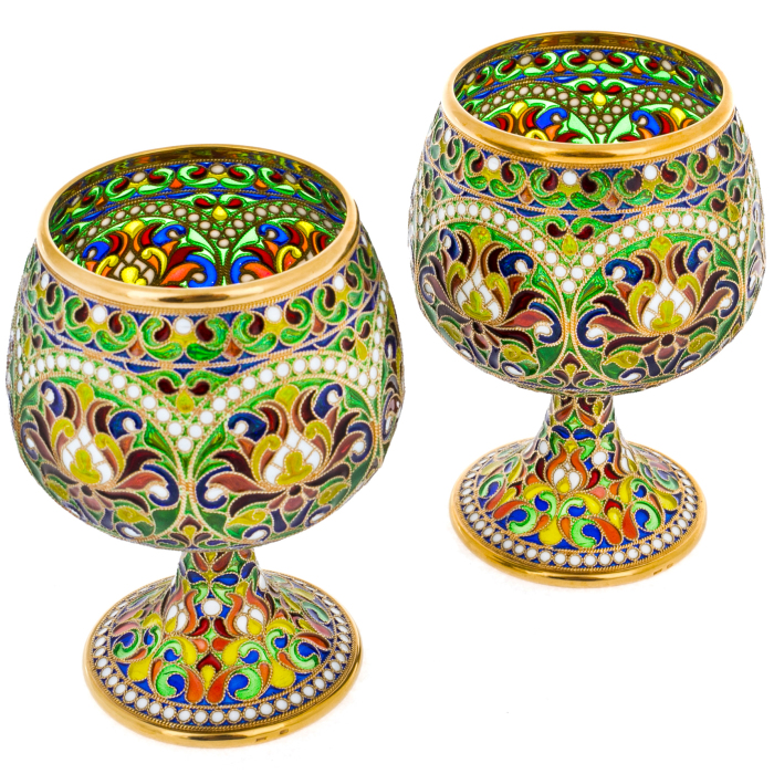 Set of cognac glasses "Bouquet" with green stained glass enamels, for 2 persons