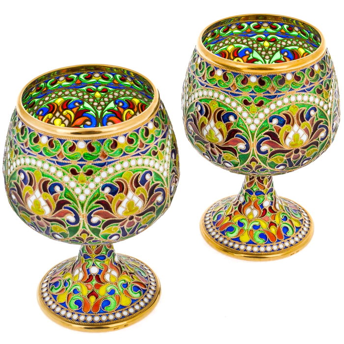 Set of cognac glasses "Bouquet" with green stained glass enamels, for 2 persons