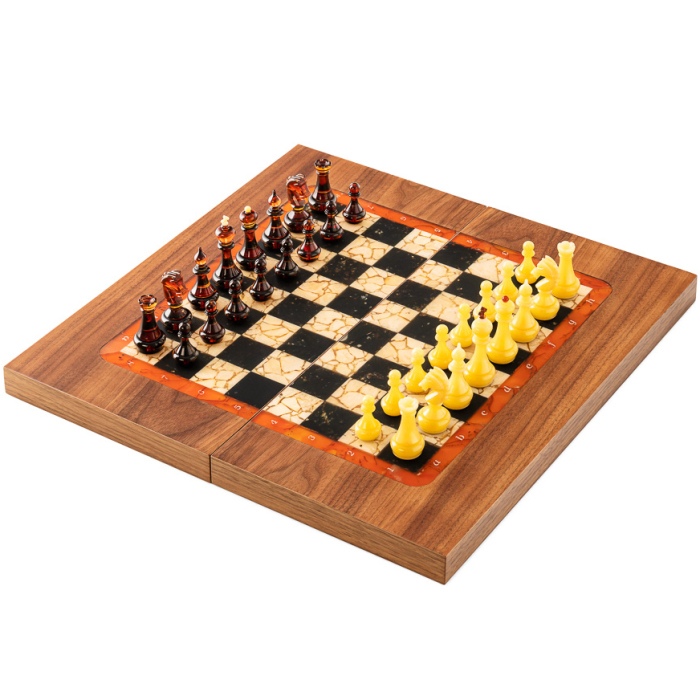 Chess made of matte walnut and amber "Amber" mini