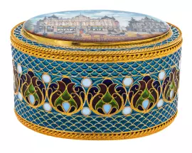 Шкатулка "Лубянка" с витражными эмалями и перламутром