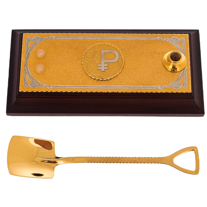 Souvenir "Money shovel" on a stand with a stone, Zlatoust