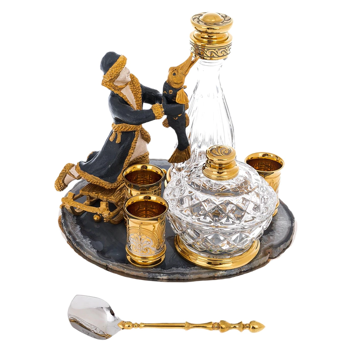 Emelya vodka set with agate, for 3 persons, Zlatoust