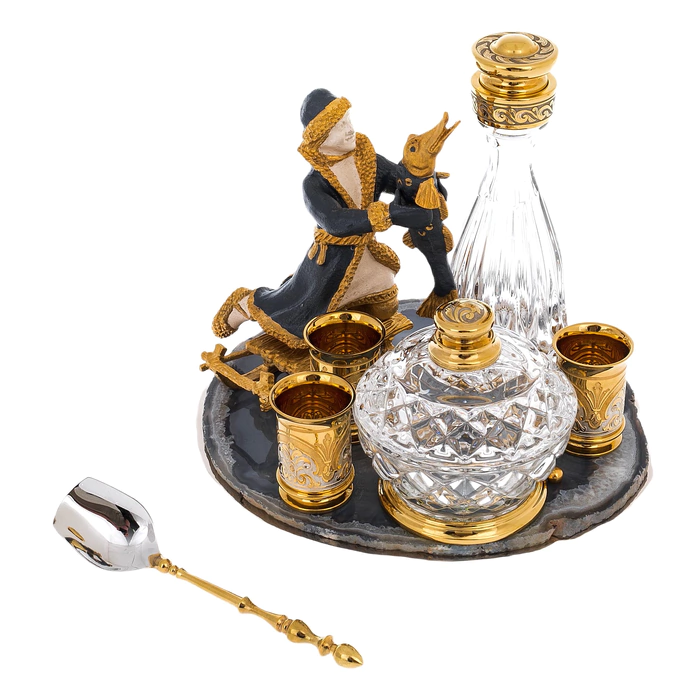 Emelya vodka set with agate, for 3 persons, Zlatoust