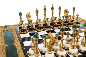 Chess made of white marble and malachite "Royal"